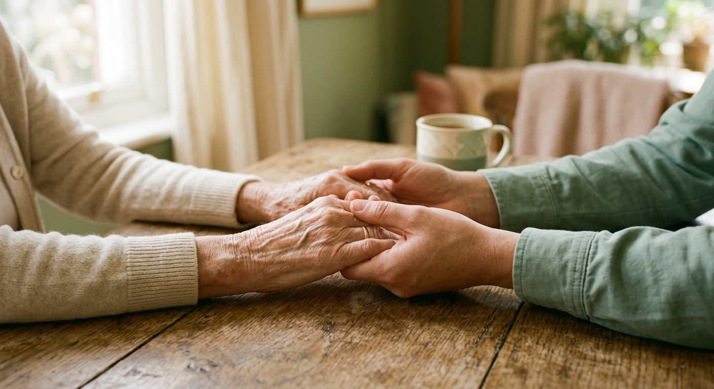 A clinician gently holding a patient's hands
